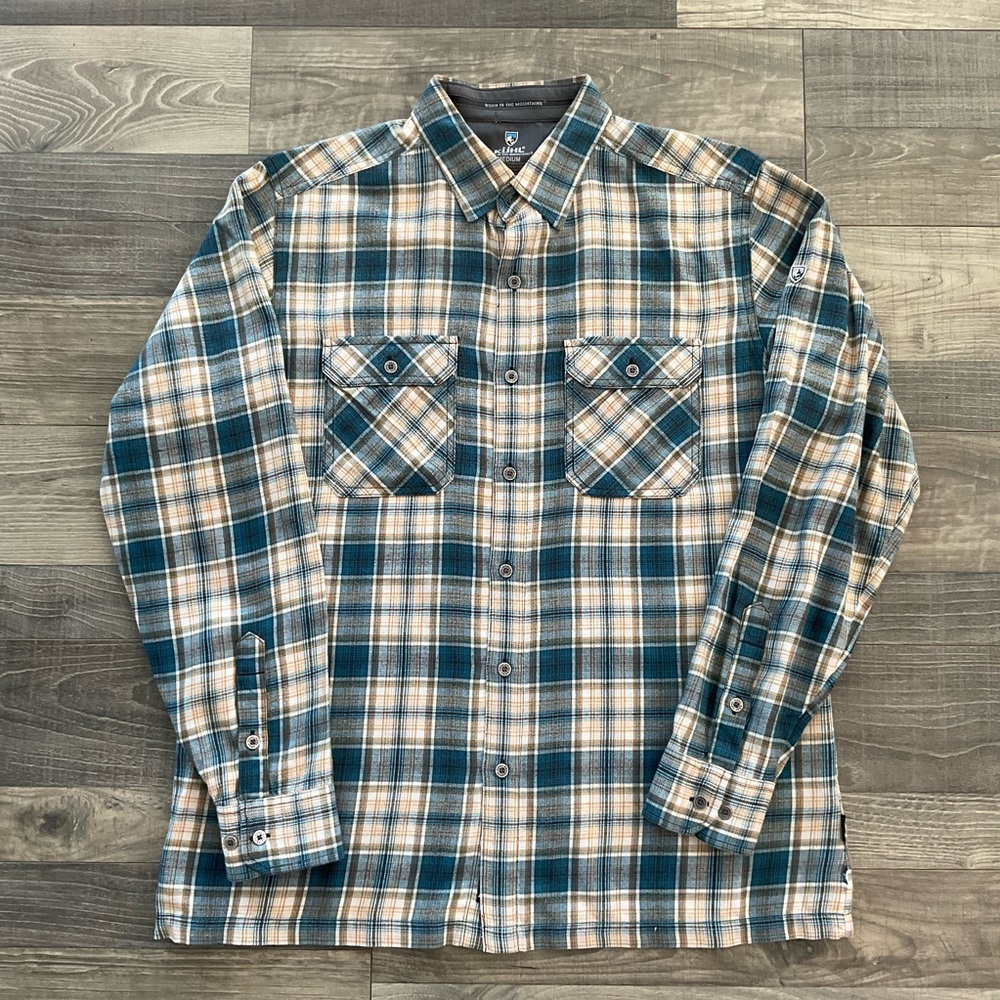 Kuhl Dillingr Flannel Button-Up Shirt Men’s MEDIUM Blue Tan Plaid Long Sleeve
